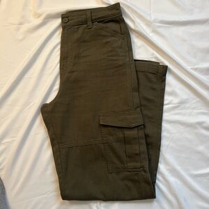 Khaki green cargo pants with a relaxed fit